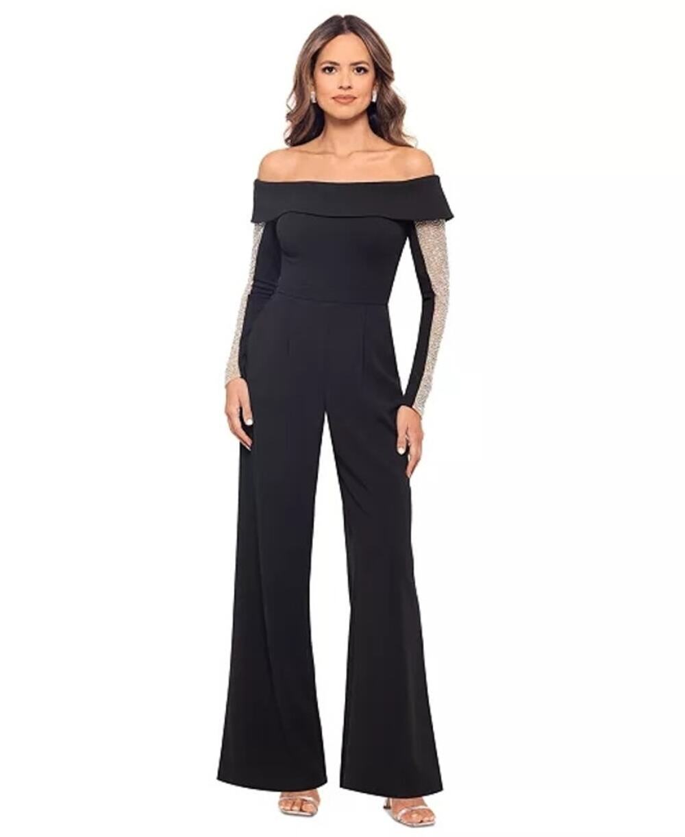 Xscape Formal Evening Jumpsuit Womens 8 Black Off Shoulder Beaded Cocktail Party